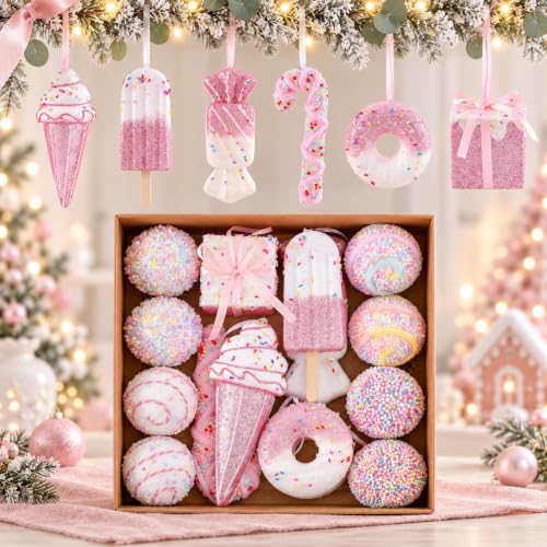 Pink Pastel Christmas Ornaments Set 15PCS Candy Donut & Ice Cream - Medium Variation