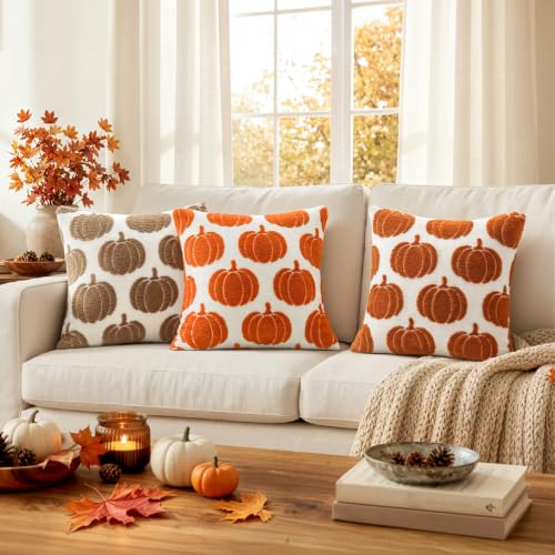 Fall Pumpkin Pillow Covers Set of 2 - 18x18 Rust Harvest Decor