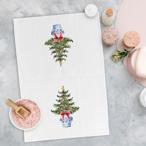 Yorhifa Blue and White Chinoiserie Christmas Tree Kitchen Towels, Red Bow, 16x24 Inches, Variation 8