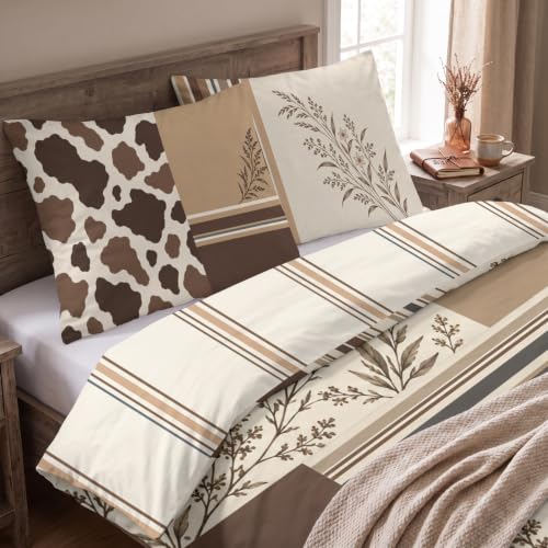 Oversized King Cowhide Patchwork Duvet Cover Set - Oatmeal & Cocoa Brown Variation