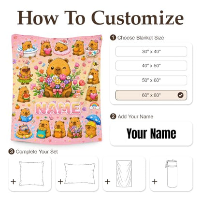 Personalized Kids Blanket with Name and Animal Pattern - Orange, 50x60 Inches