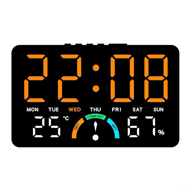 LED Wall Clock with Large Display - Temperature & Humidity Monitor, Wall or Desk Mount (Orange) - Yunnesdre