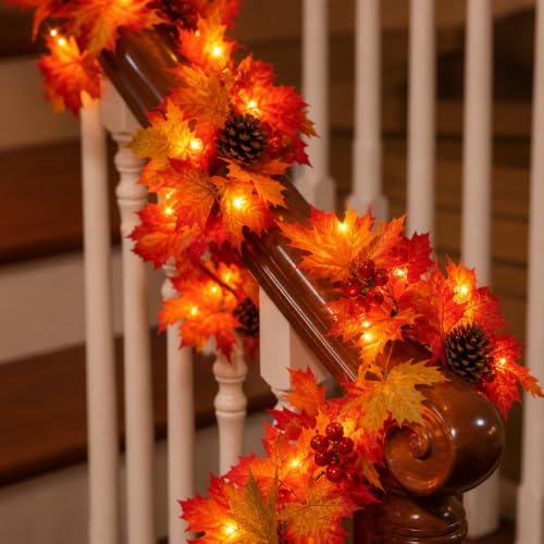 Lush Fall Garland with Lights, Pinecones & Berries - 108 Inches, Connectable, UL Certified
