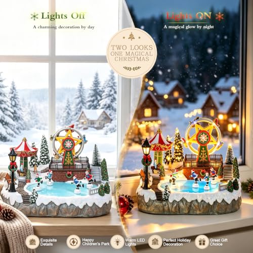 MUMTOP Christmas Village Amusement Park with Ferris Wheel & Carousel - Music & Lights