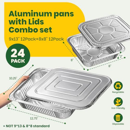 Disposable Aluminum Pans with Lids - 24 Pack, 2 Sizes for Baking & Food Storage