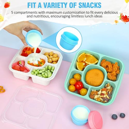 FANCILLA 5 Pack Bento Snack Boxes with 5 Compartments & 4 Leakproof Sauce Containers - Reusable Lunchable Snack Containers, Divided Stackable for School, Work, and Travel (Classic)