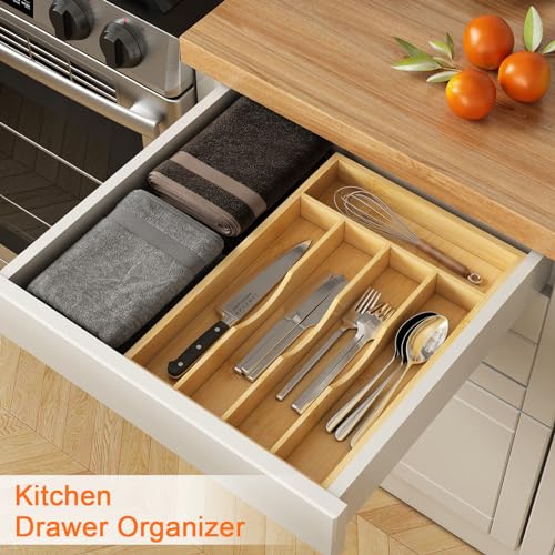 Youpehom Bamboo Utensil Organizer for Kitchen Drawers, Utensil Tray and Cutlery Silverware Holder,Wood Drawer Dividers with 5 Slots