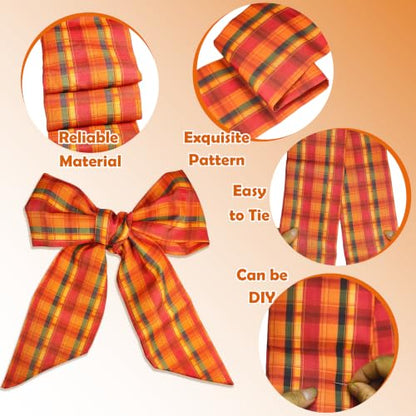 Fall Wreath Ribbon Sash Set - Red Autumn Harvest Buffalo Plaid 2 Pcs