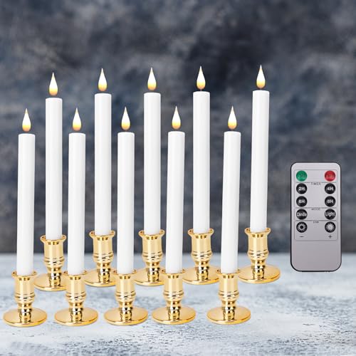 Gold Base LED Flameless Window Candles Set with Remote Timer - 10 pcs