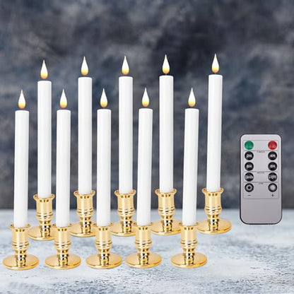 Gold Base LED Flameless Window Candles Set with Remote Timer - 10 pcs