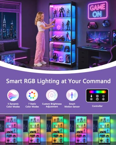 67-Inch Black Display Case with Glass Shelves, RGB Lighting & Motion Sensor