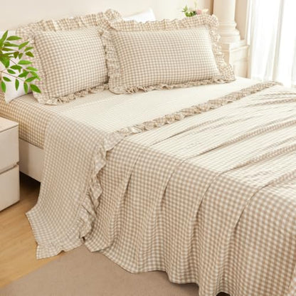 Tan Gingham Full Bed Sheet Set with Ruffle Trim - 4 Piece Farmhouse Bedding