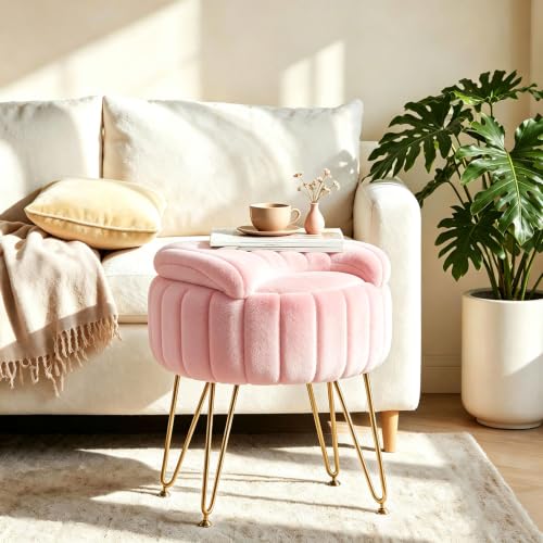 Pink Faux Fur Vanity Stool with Storage and Folding Backrest
