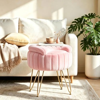 Pink Faux Fur Vanity Stool with Storage and Folding Backrest