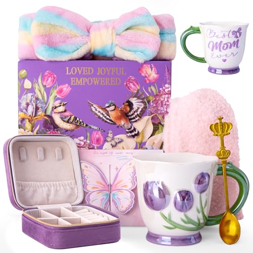 Purple Tulip Mug Set for Mom - 18oz Ceramic Coffee Mugs Gift from Daughter Son