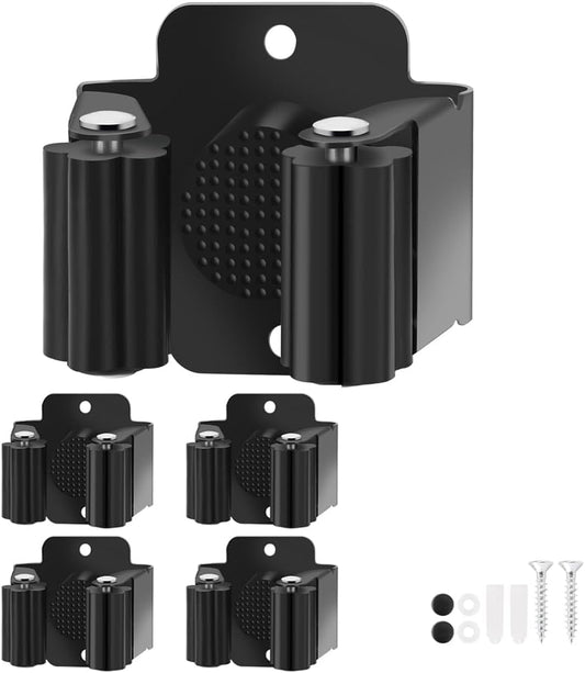 Skiennix Broom Holder Wall Mount - Heavy-Duty Stainless Steel Mop Hanger with Screws | 4-Piece Set (Black)