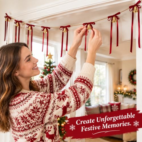10 ft Christmas Velvet Bow Garland with Jingle Bells and Red Ribbon