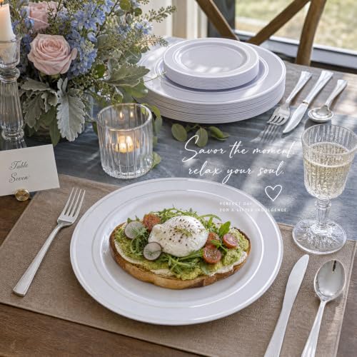 White & Silver Disposable Plates Set for 100 Guests - Heavy Duty Party Dinner & Dessert