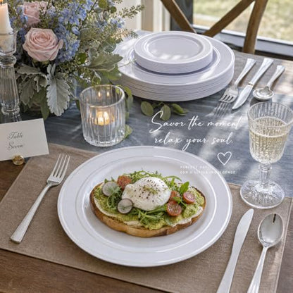 White & Silver Disposable Plates Set for 100 Guests - Heavy Duty Party Dinner & Dessert