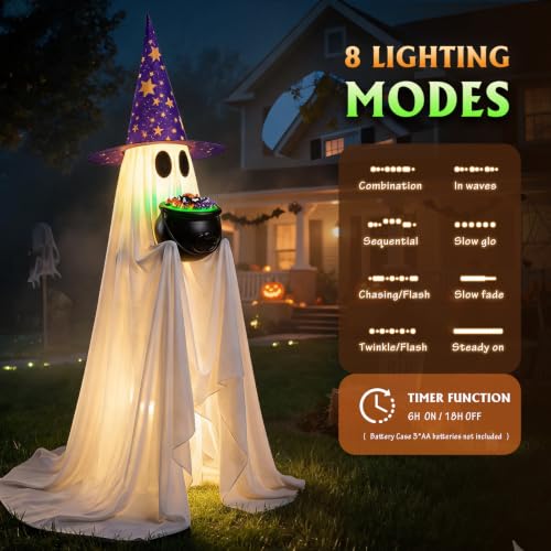 Halloween Ghost Decor with Lighted Cauldron - 53 Inch Large Trick-or-Treat Display