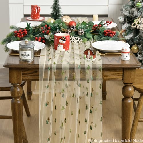 28 x 120 Inch 3-Piece Embroidery Christmas Table Runner Apricot Set