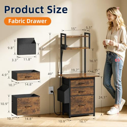 Rustic Brown 49-Inch Tall 3-Drawer File Cabinet with Charging Station