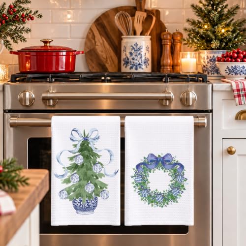 Christmas Blue Chinoiserie Kitchen Towels Set of 2 - Holiday Dish & Hand Towels