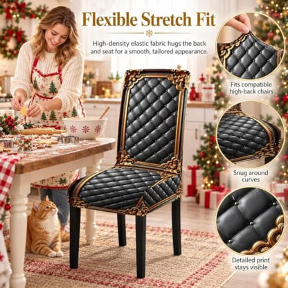 4pcs Washable Baroque Chair Cover Set - Stretch Dining Slipcovers with Gold Pattern