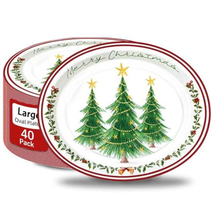 Christmas Tree Oval Paper Plates 10x12 Inches - Holiday Disposable Dinnerware, Merry Christmas Tableware for Xmas Party Supplies