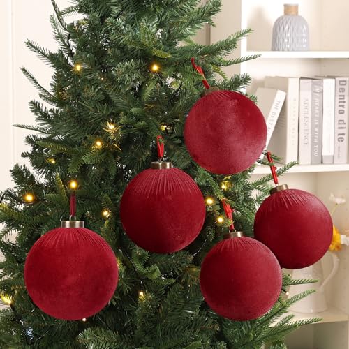 Velvet Christmas Balls Ornaments - Dark Red, 6 Inches, 9 Pack - Holiday Decor