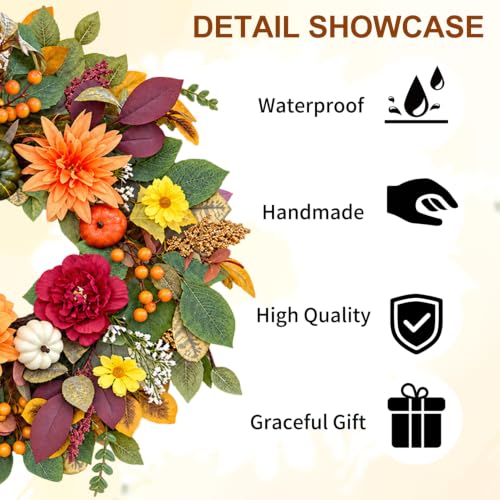 Fall Wreath for Front Door - 22 Inch Autumn Decor with Dahlia & Pumpkin - Flower Variation
