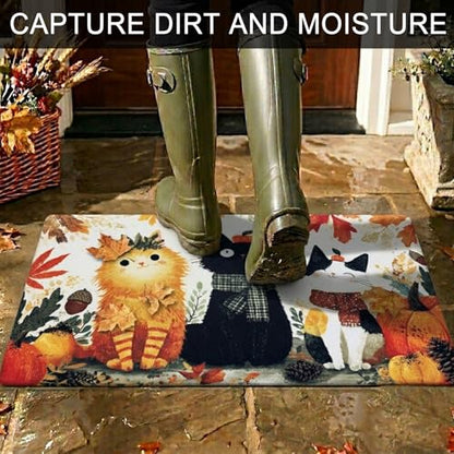 Fall Door Mat 17x29 Inch Welcome Mat Front Doormat Fall Cats - Non-Slip, Absorbent, Decorative