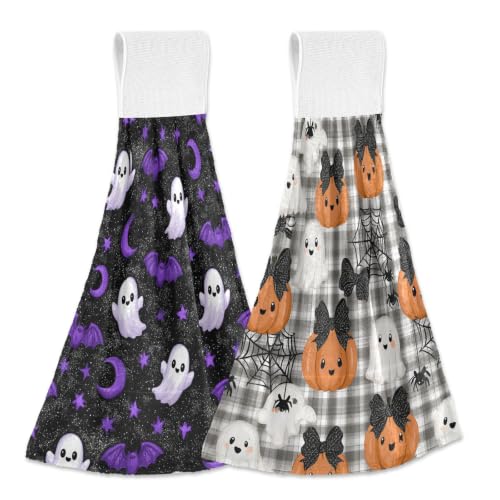 Halloween Ghosts Purple Bats Moons Kitchen Towels Set - Hanging Dish & Hand Towels, 2 Pieces, Variation of Halloween 1