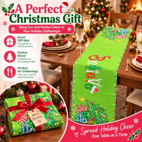Christmas Green Linen Table Runner 13x72 Inch Holiday Decor