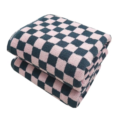 Pink Checkered Bath Towels Set of 2 - 27.5 x 55.1 Inch Cotton Spa & Beach Towels