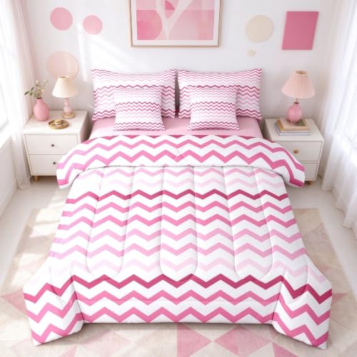 Pink Gradient Chevron Kids Comforter Set King Size 7 Pieces - Hot Pink White