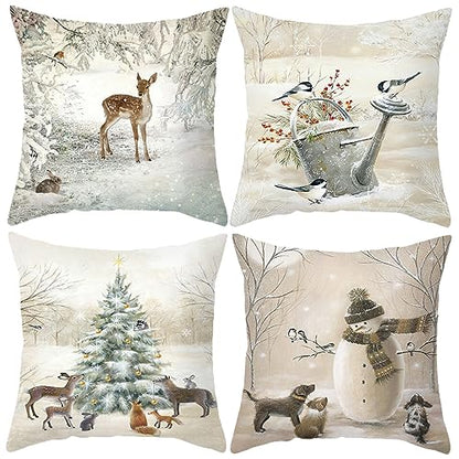 Animals Xmas Throw Pillow Covers Set of 4 - 18x18 Inch Pet Snowman Deer Bird Snow Scene