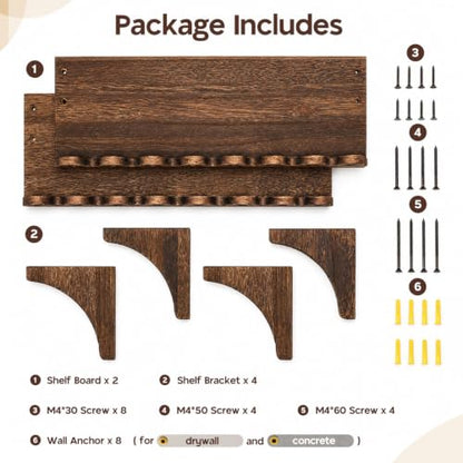 Scalloped Wood Wall Shelves Set of 2 - Rustic Floating Shelves for Living Room Bedroom Kitchen
