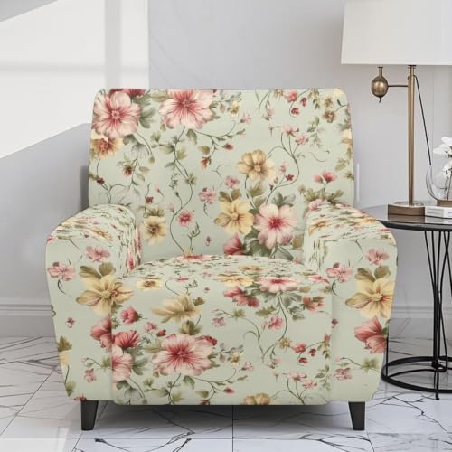 Vintage Floral Recliner Chair Covers 4-Piece Non-Slip Washable Protectors with Side Pockets