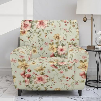Vintage Floral Recliner Chair Covers 4-Piece Non-Slip Washable Protectors with Side Pockets