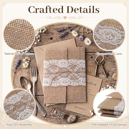 50-Piece Rustic Burlap Wedding Invitation Jackets with Lace & Rope Kit