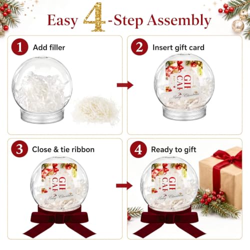 DIY Christmas Snow Globe Kit - 6 Clear Plastic 4-Inch Water Globes with Filler & Ribbons