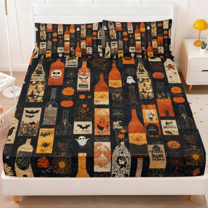 Halloween Fitted Sheet Set - Gothic Pumpkin Bottles, Cal King, Variation of Halloween Magic Bottle