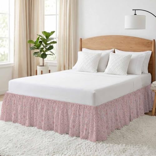 Pink Floral Boho King Size Bed Skirt 16 Inch Drop Adjustable Elastic Dust Ruffle
