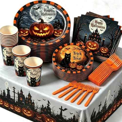 Halloween Party Supplies Set for 24 Guests - Plates, Napkins, Cups & Tablecloth