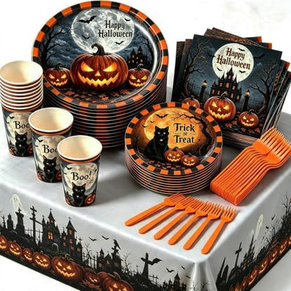 Halloween Party Supplies Set for 24 Guests - Plates, Napkins, Cups & Tablecloth