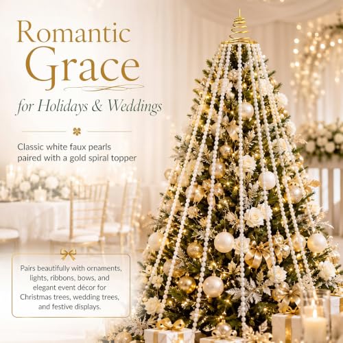 Christmas Tree Topper Pearl Garland Decoration 6.56 ft White & Gold