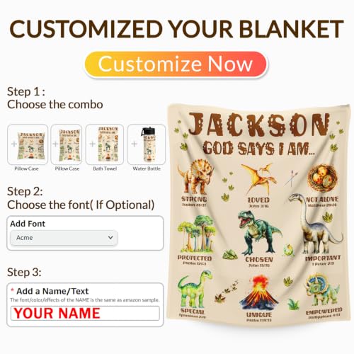 Personalized Dinosaur Blanket for Boys - Christian God Says I Am - Beige, 50x60 Inches