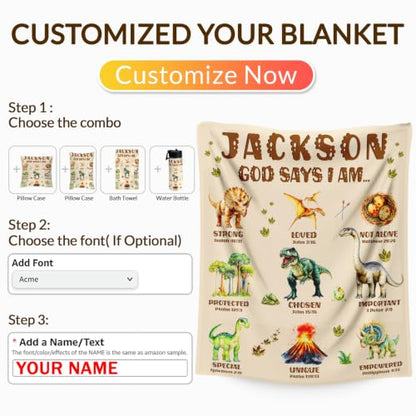 Personalized Dinosaur Blanket for Boys - Christian God Says I Am - Beige, 50x60 Inches