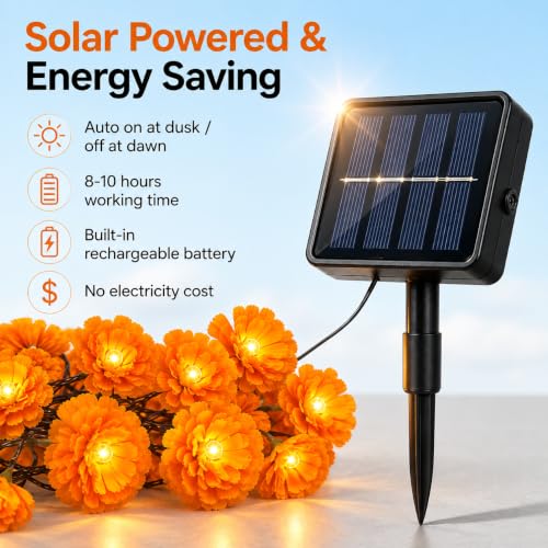 21Ft Solar Marigold Garland with 30 LED Flowers - Outdoor Halloween & Día de los Muertos Decor - Variation of THIS Listing